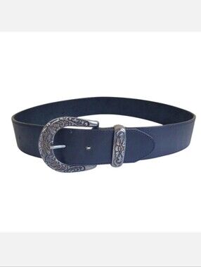 LL Bean Black Leather Belt W Floral Silver Buckle 30 Small Western Boho